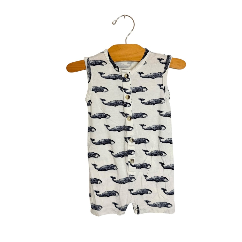 Kate Quinn Bamboo Blue Whale Print Sleeveless Romper 6-12M Nautical Cream